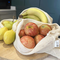 Reusable, Natural, Washable Drawstring Cotton Bags with apples, bananas, lemons and pears