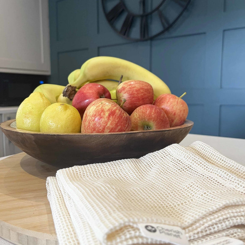 Reusable, Natural, Washable Drawstring Cotton Bags with fruit bowl