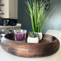 Rich Mango Wood Tray on kitchen bench with planters and candle.