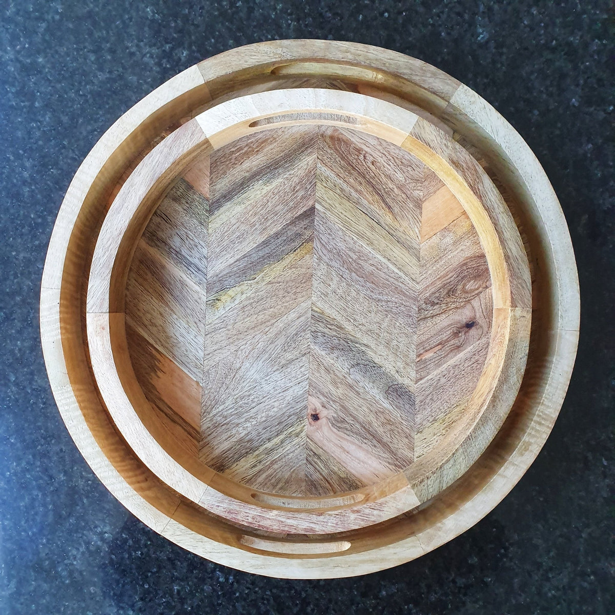 Round Herringbone Wooden Serving Trays - Mango Wood