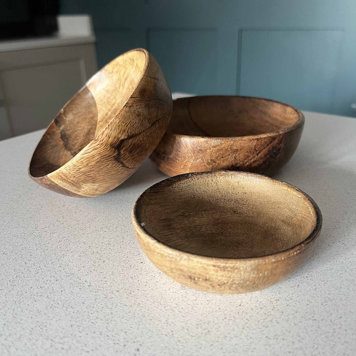 Set of 3 100% Mango Wood Round Brown Decorative Bowls - Cherish Home