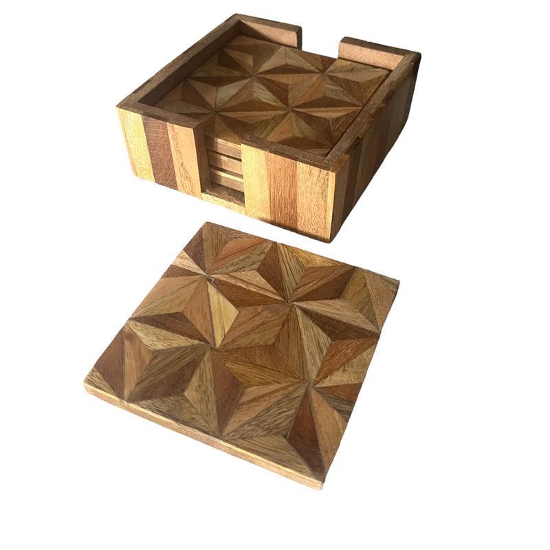 Set of 4 Woodern Geometric Patterned Coasters with Holder - Cherish Home