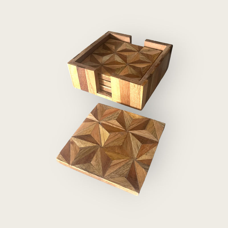 Set of 4 Woodern Geometric Patterned Coasters with Holder - Cherish Home