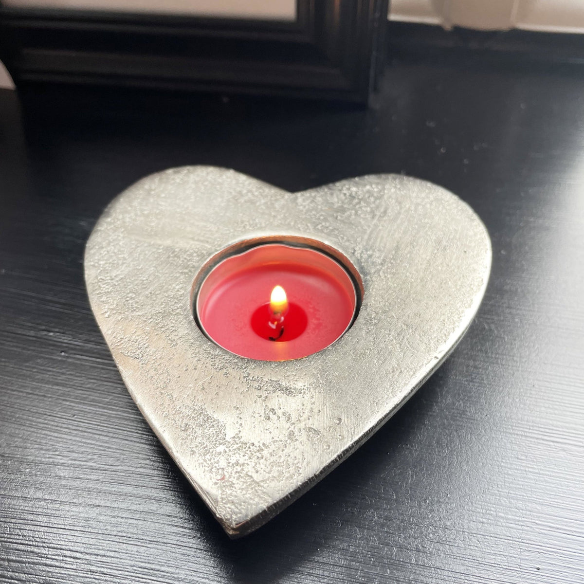 Silver Aluminium Heart Tea Light Holder with candle lit