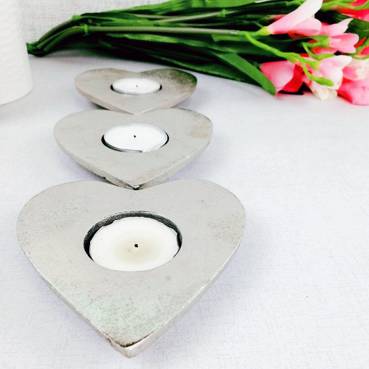Silver Aluminium Heart Tea Light Holder set of 3
