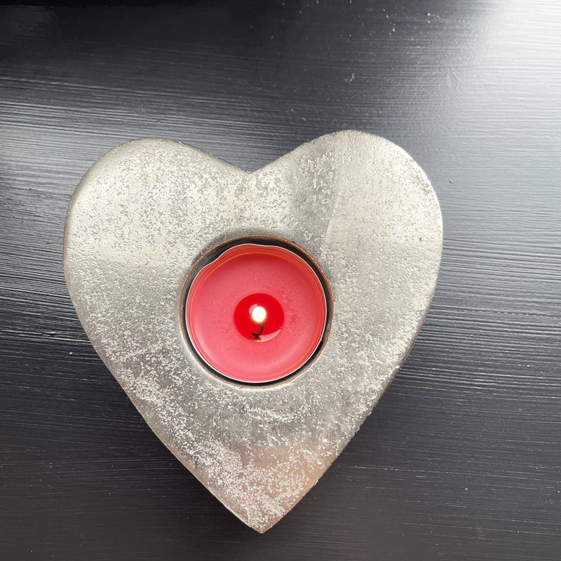 Silver Aluminium Heart Tea Light Holder with candle lit