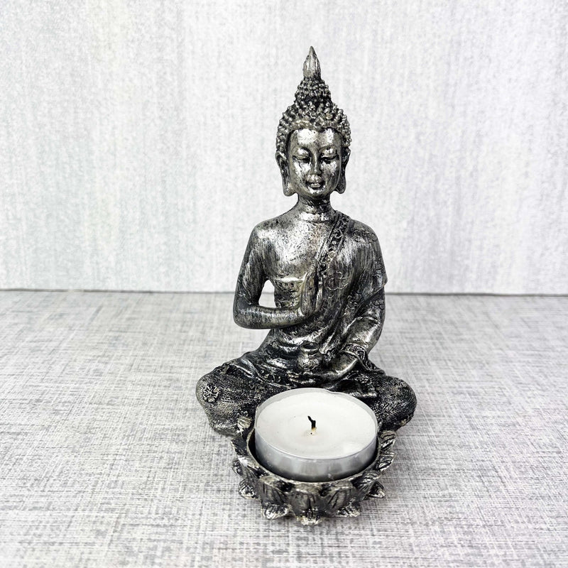 Silver Effect Buddha Candle Holder