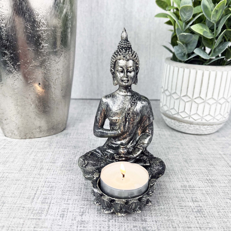 Silver Effect Buddha Candle Holder with planter and silver effect vase