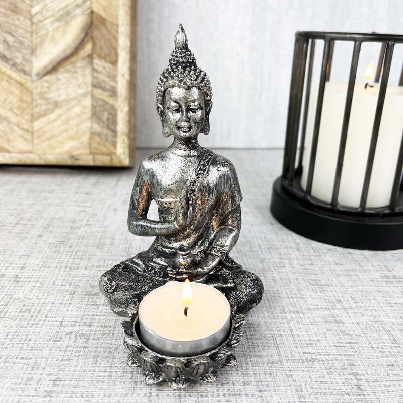 Silver Effect Buddha Candle Holder with candle holder