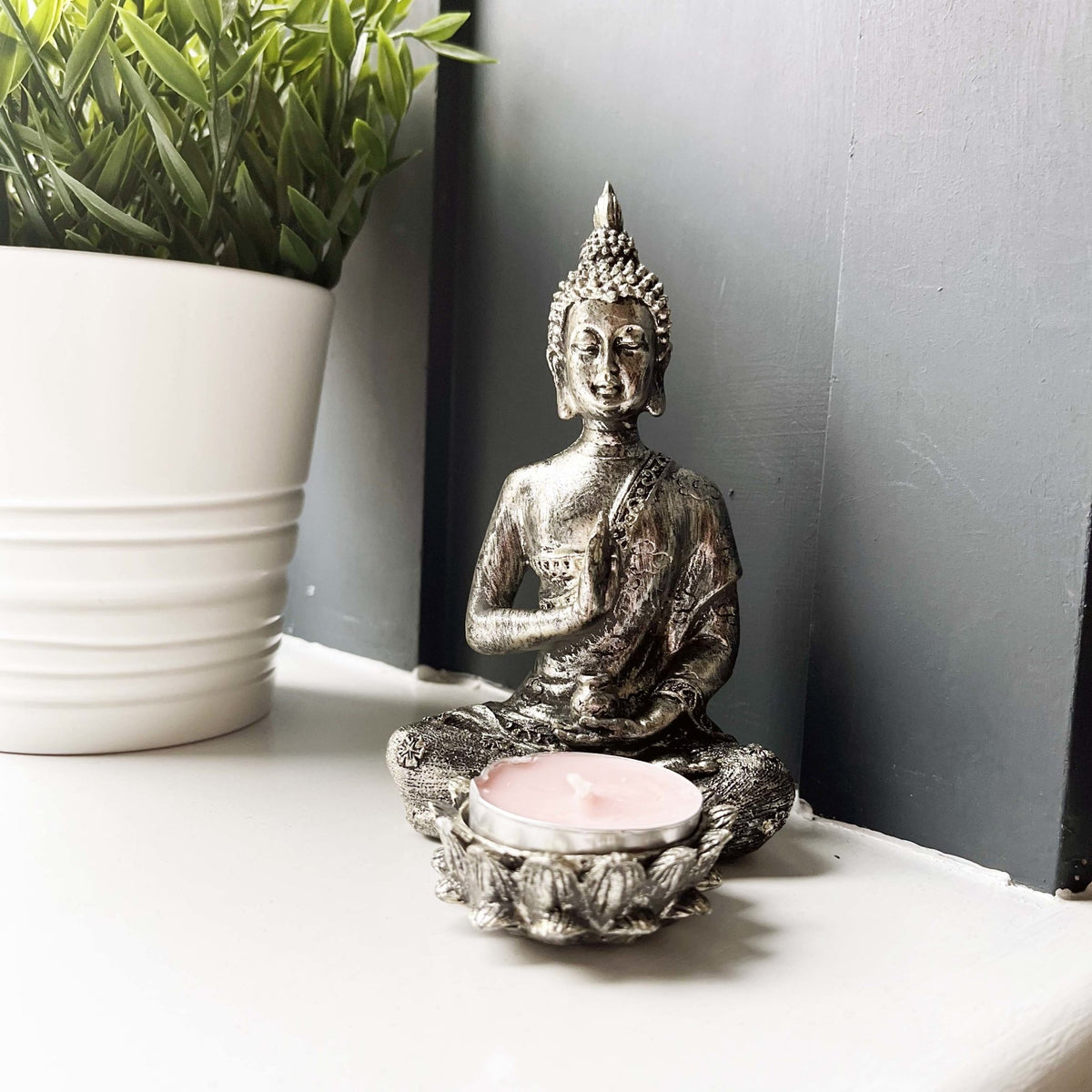 Silver Effect Buddha Candle Holder with white planter