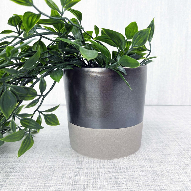 Terra Grey Metallic Style Planter medium with green leafy plant