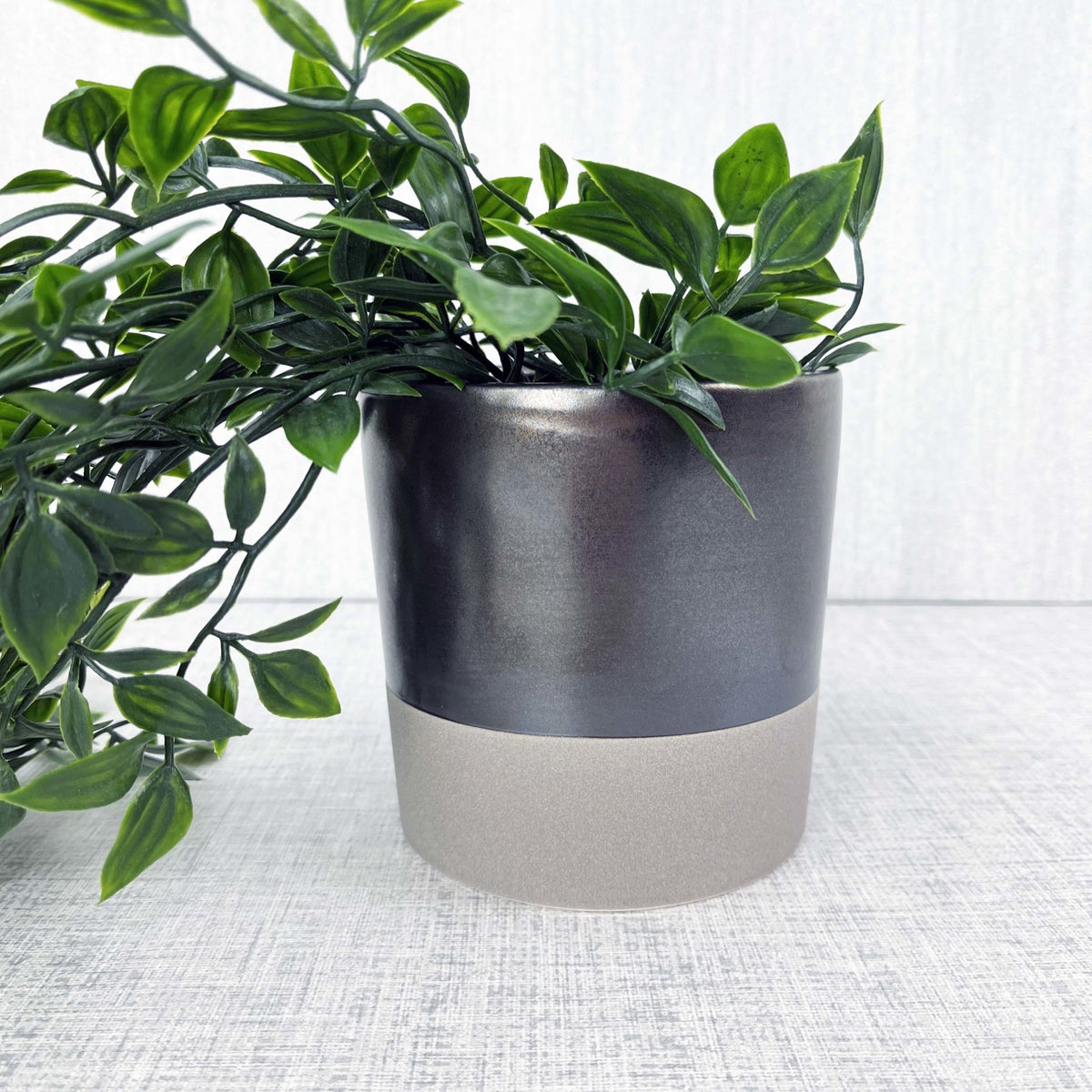 Terra Grey Metallic Style Planter medium with green leafy plant