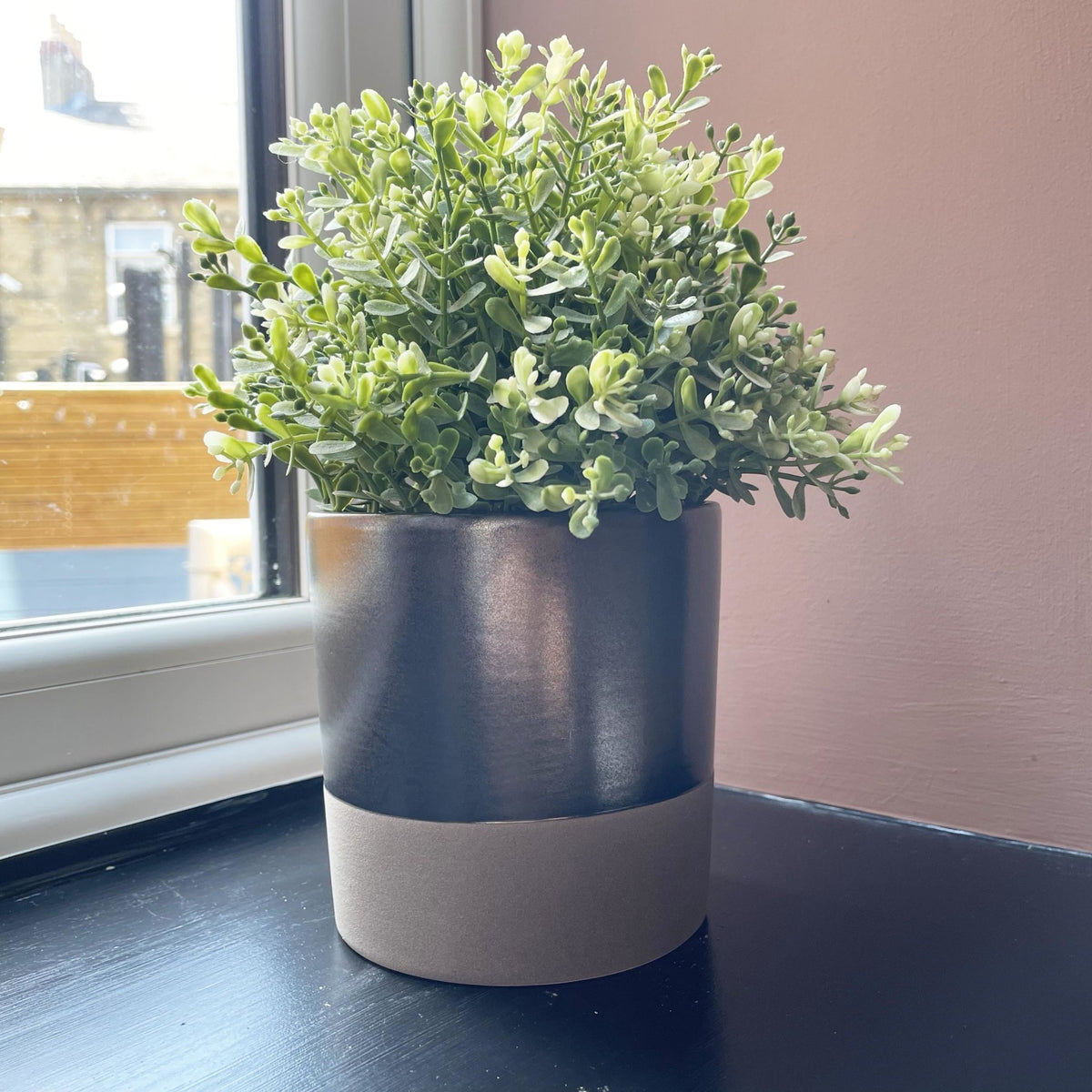 Terra Grey Metallic Style Planter Medium on windowsill