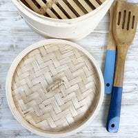 Two-Tier Bamboo Steamer with bamboo utensils