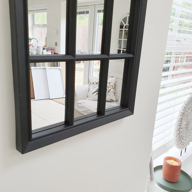 Velit Window style wall mirror in black, close up 