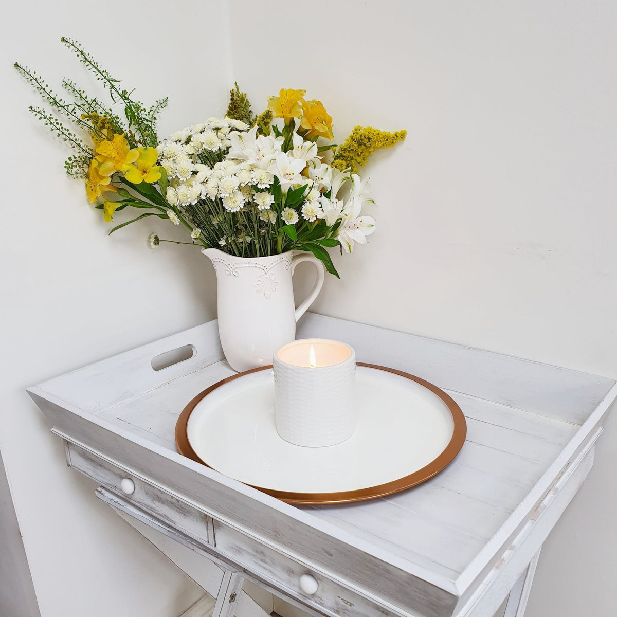 White and Copper Decorative Tray with yellow and white summer flowers